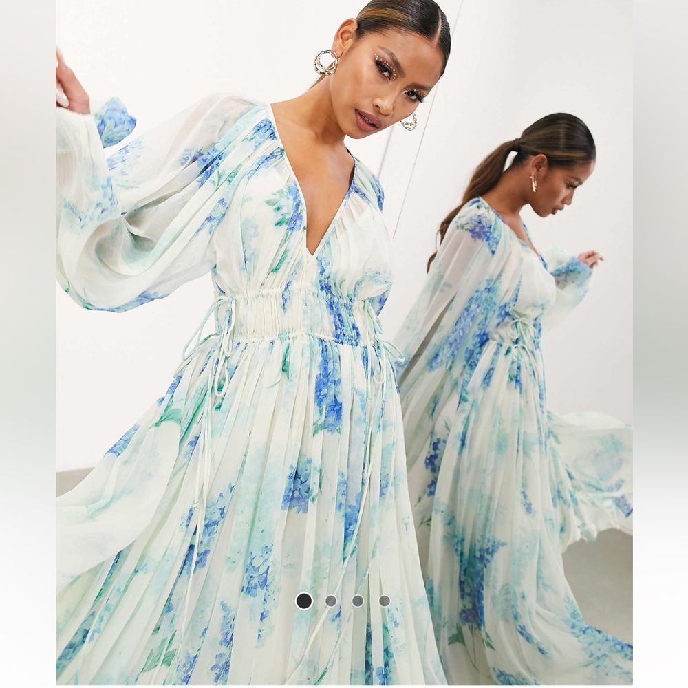 ASOS EDITION ruched gathered waist drawstring maxi dress in blue floral print